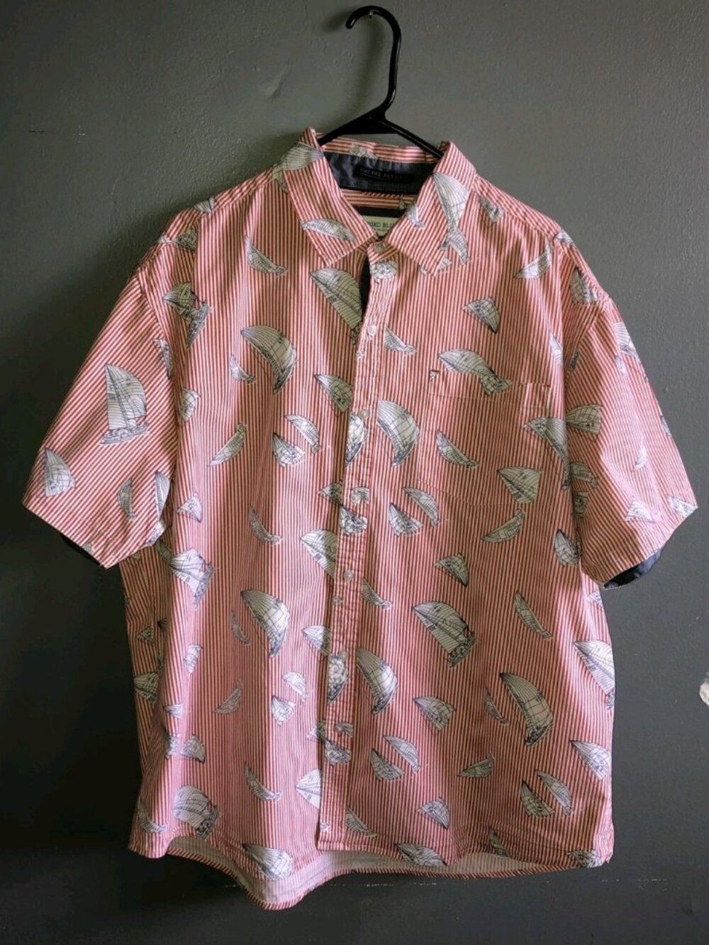 VTG Oxford Blue Mens Red White Striped Nautical Sailboat Button Up Shirt 2XL